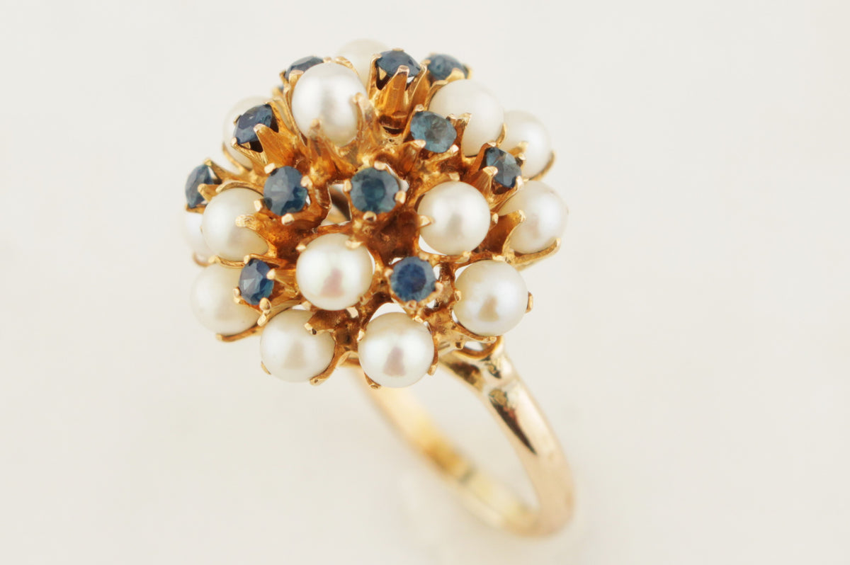 VINTAGE c1940 SAPPHIRE &amp; PEARL PRINCESS RING 9ct GOLD