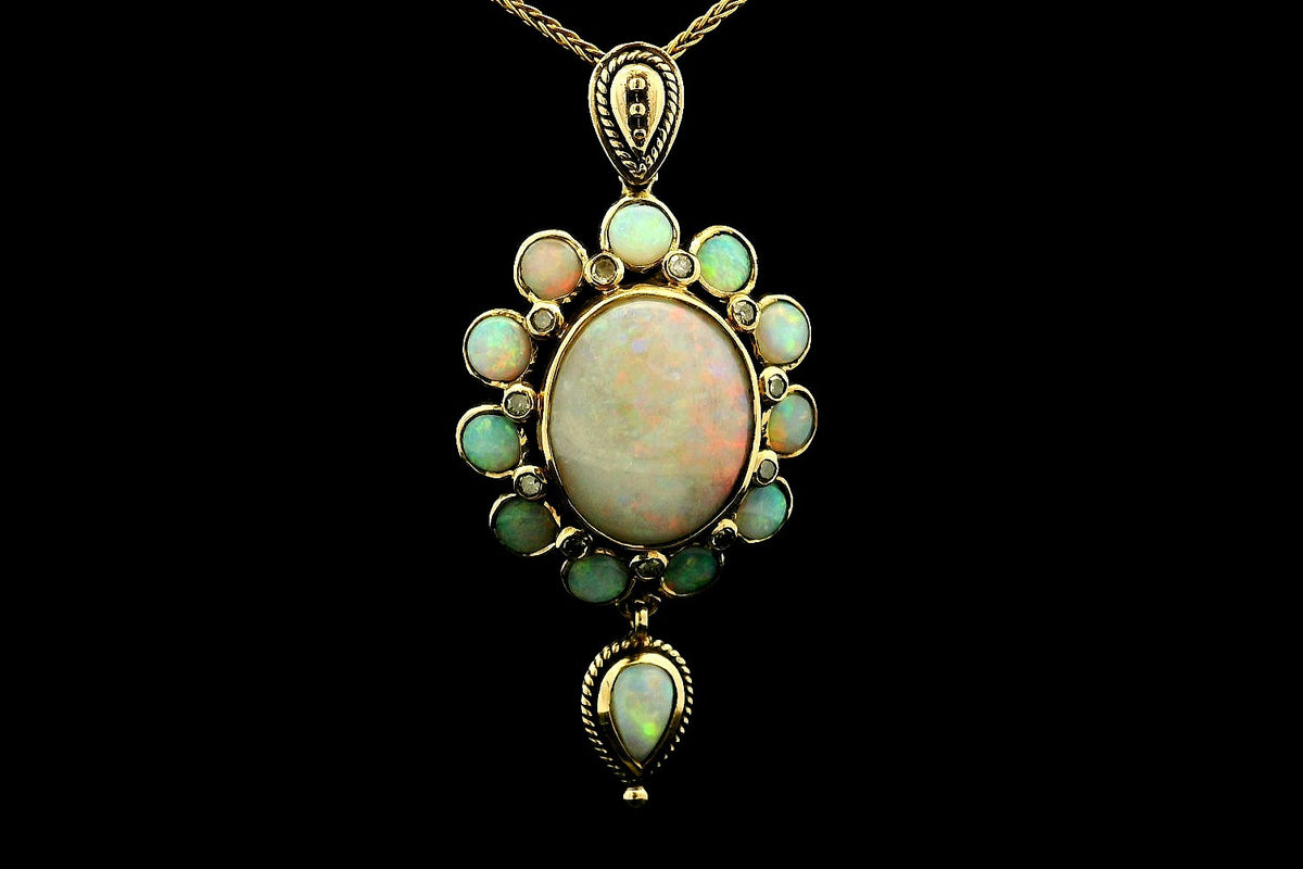 VINTAGE SOLID OPAL &amp; DIAMOND PENDANT 9ct GOLD