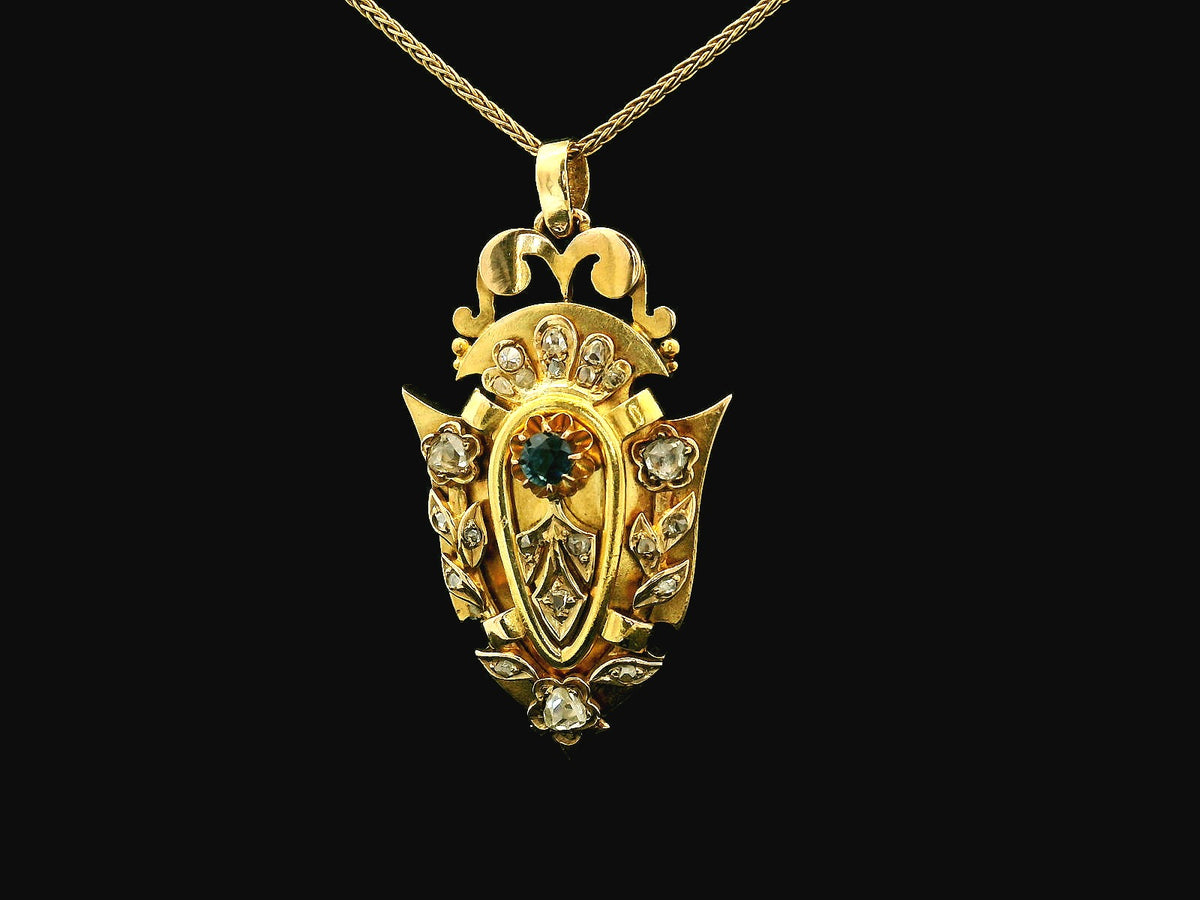 VICTORIAN SAPPHIRE &amp; DIAMOND SHIELD PENDANT 18ct YELLOW GOLD
