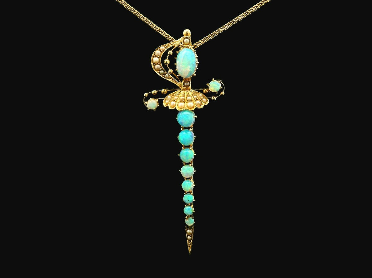 ANTIQUE VICTORIAN OPAL &amp; SEED PEARL SWORD PENDANT 15ct GOLD