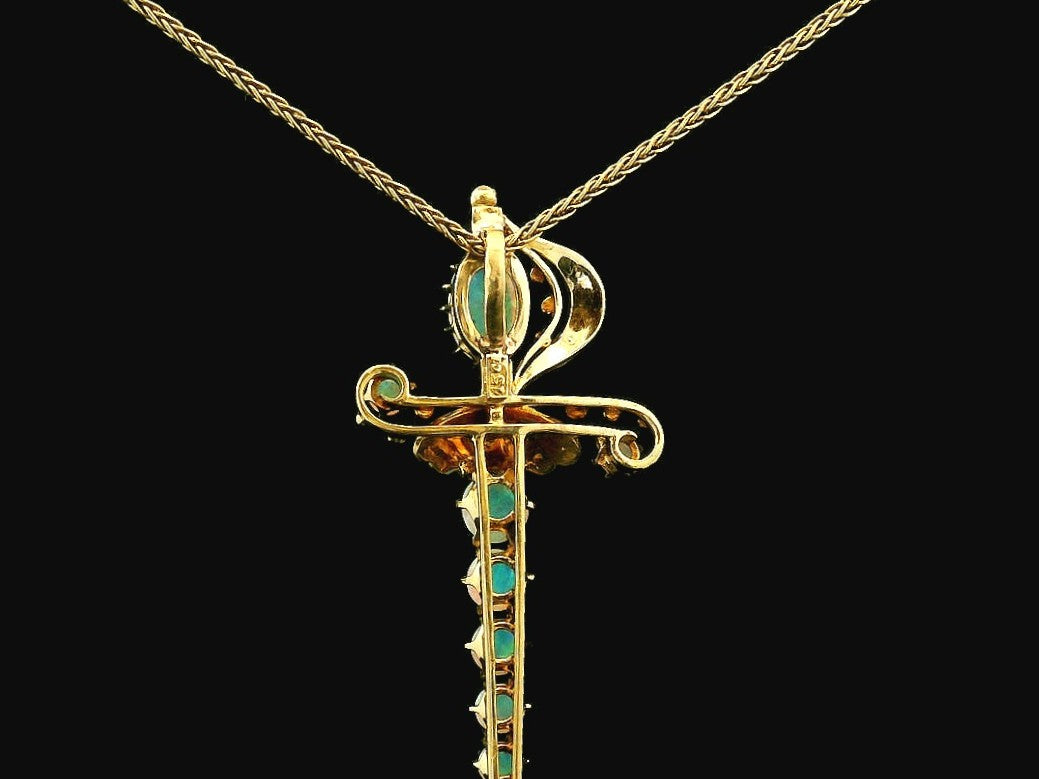 ANTIQUE VICTORIAN OPAL &amp; SEED PEARL SWORD PENDANT 15ct GOLD
