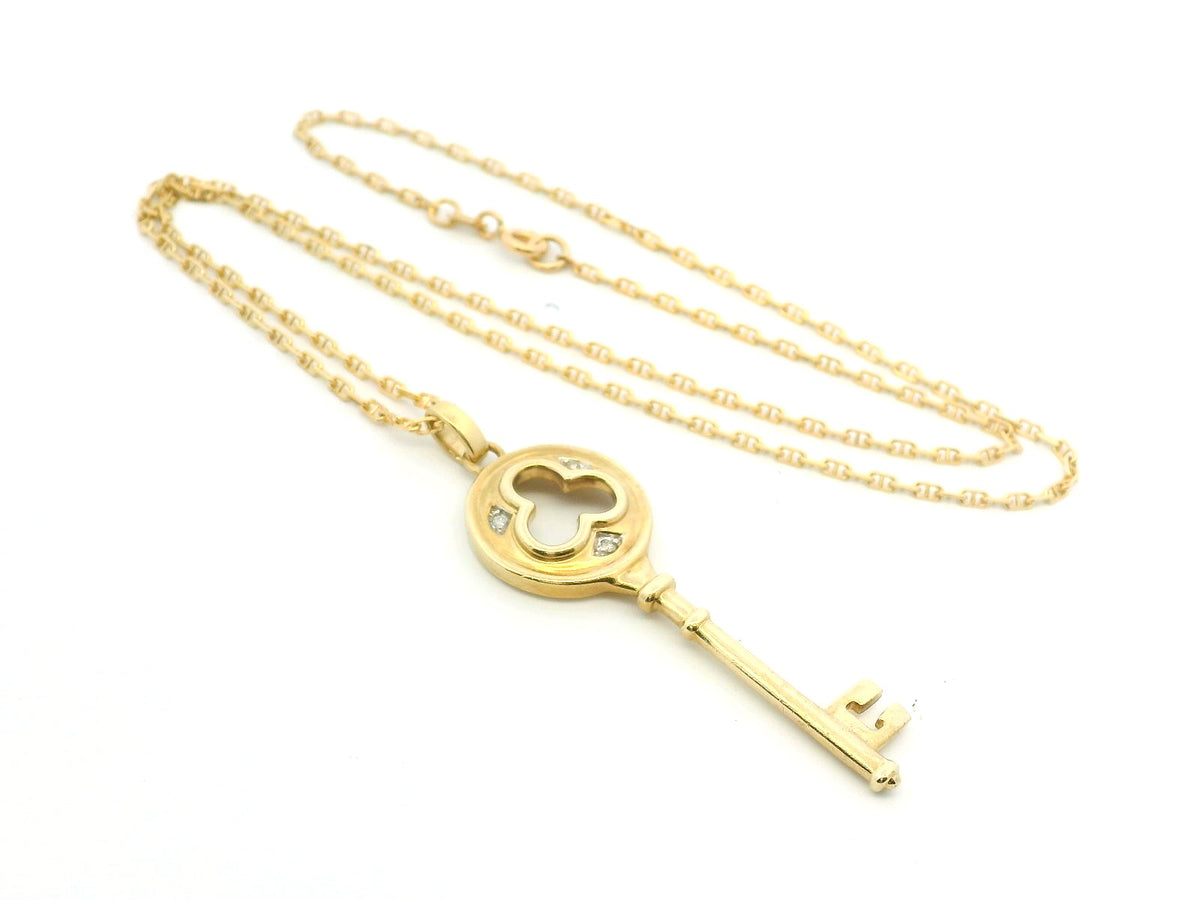 VINTAGE DIAMOND KEY PENDANT &amp; CHAIN 9ct GOLD