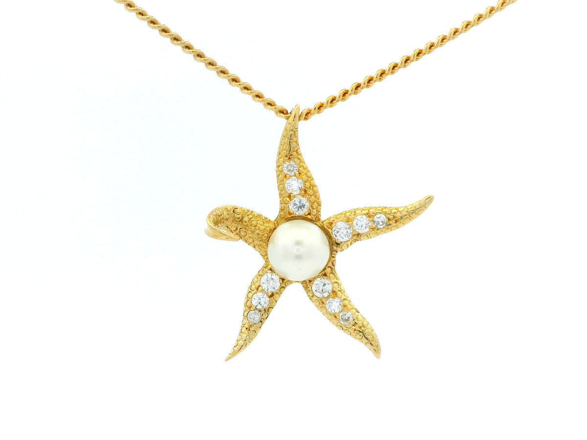 VINTAGE DIAMOND &amp; PEARL STARFISH PENDANT 18ct GOLD WITH 9ct CHAIN