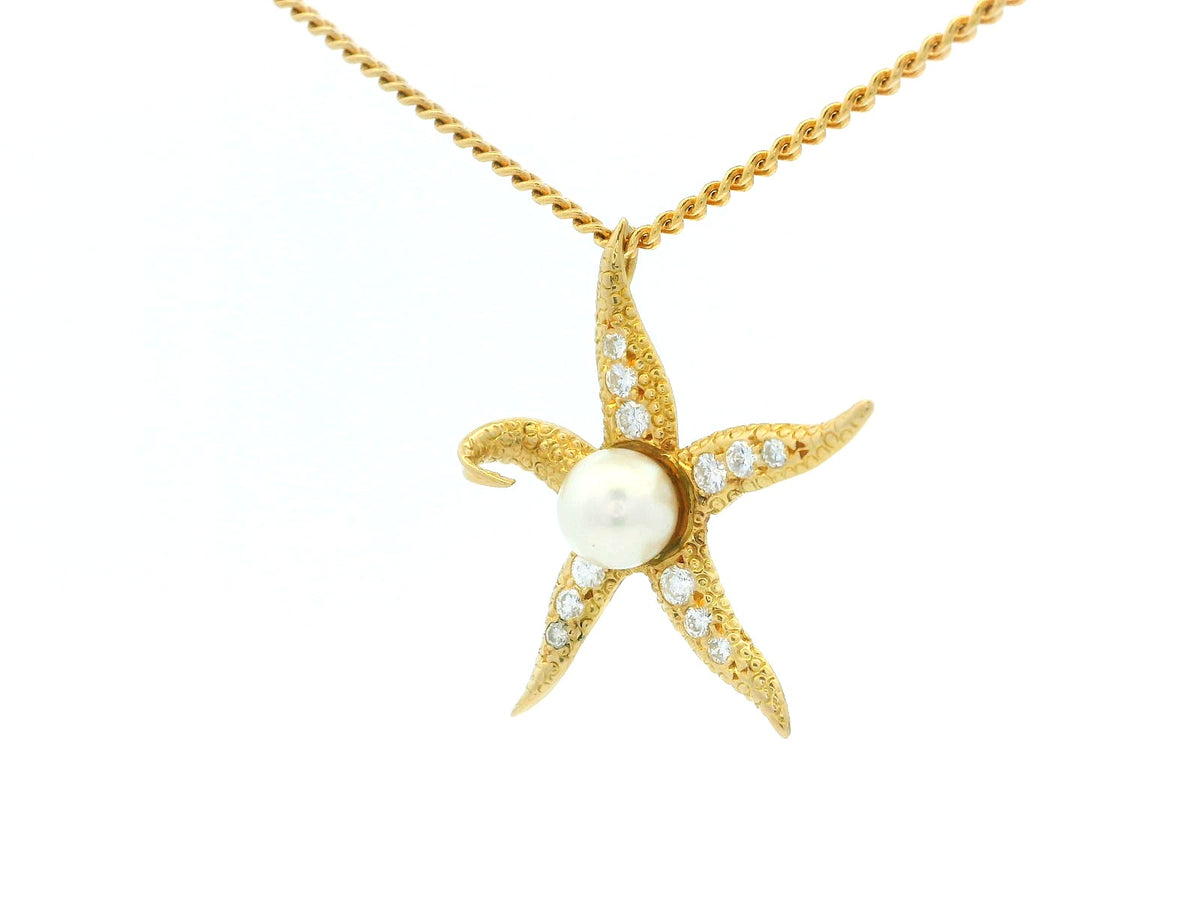 VINTAGE DIAMOND &amp; PEARL STARFISH PENDANT 18ct GOLD WITH 9ct CHAIN