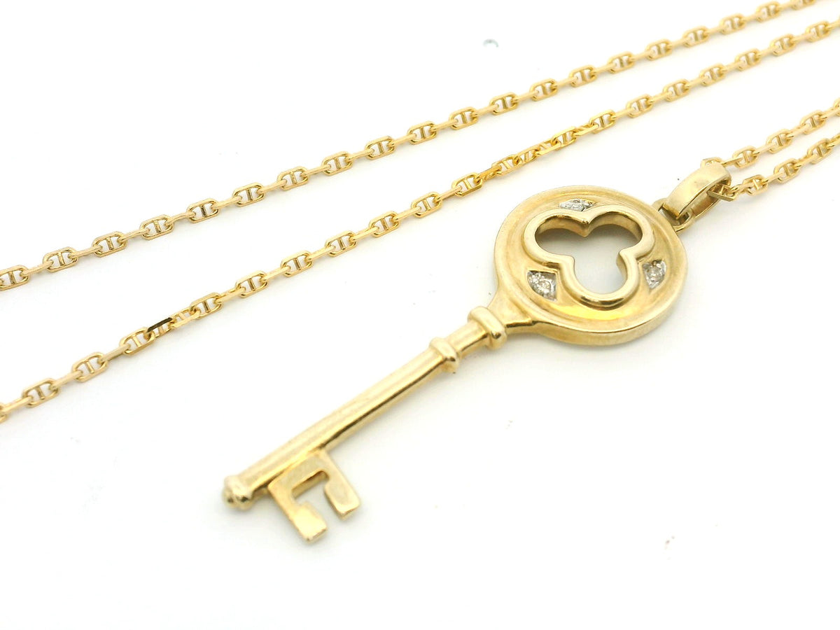 VINTAGE DIAMOND KEY PENDANT &amp; CHAIN 9ct GOLD