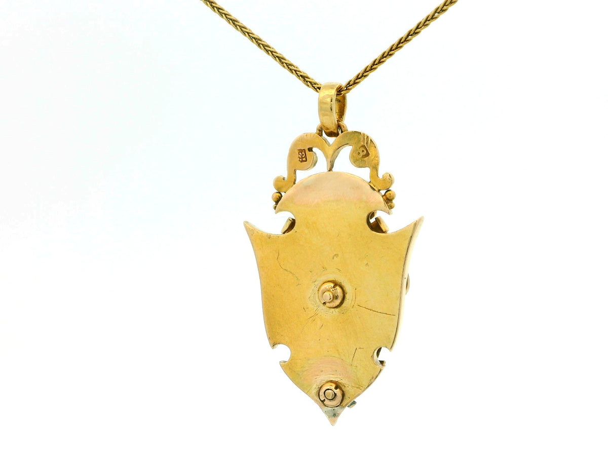 VICTORIAN SAPPHIRE &amp; DIAMOND SHIELD PENDANT 18ct YELLOW GOLD