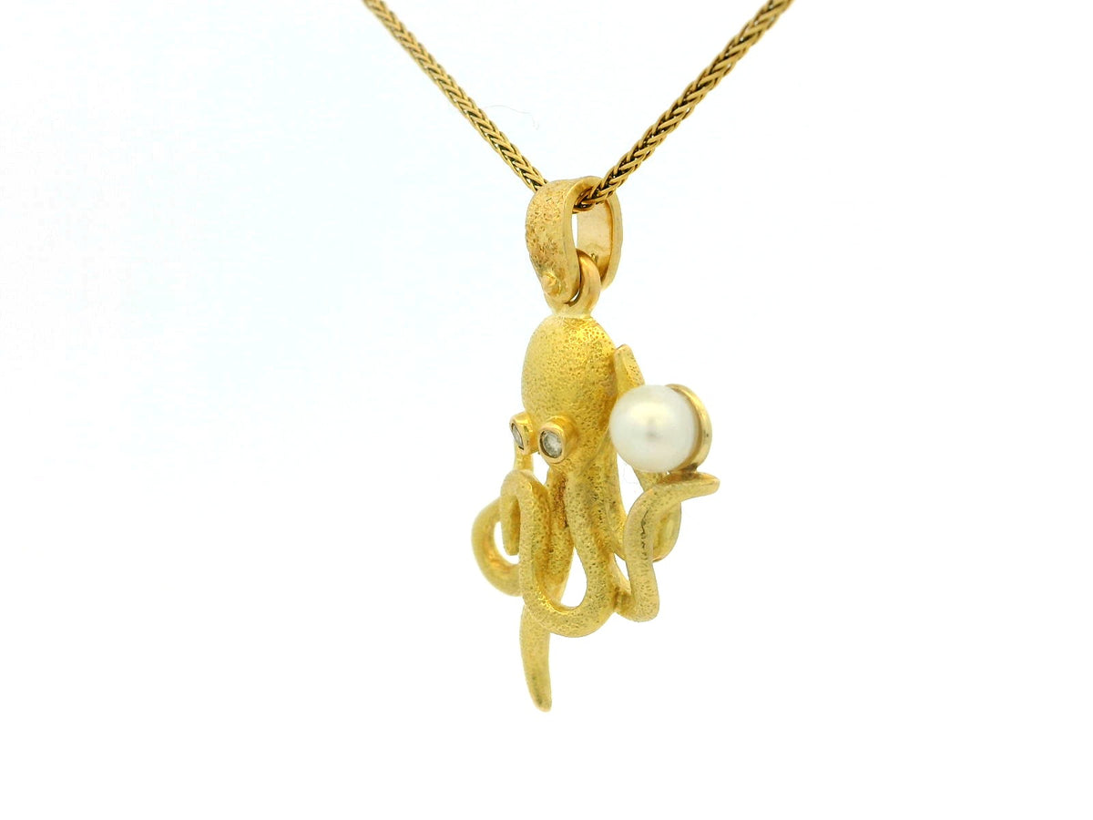 VINTAGE DIAMOND &amp; PEARL OCTOPUS PENDANT 18CT GOLD