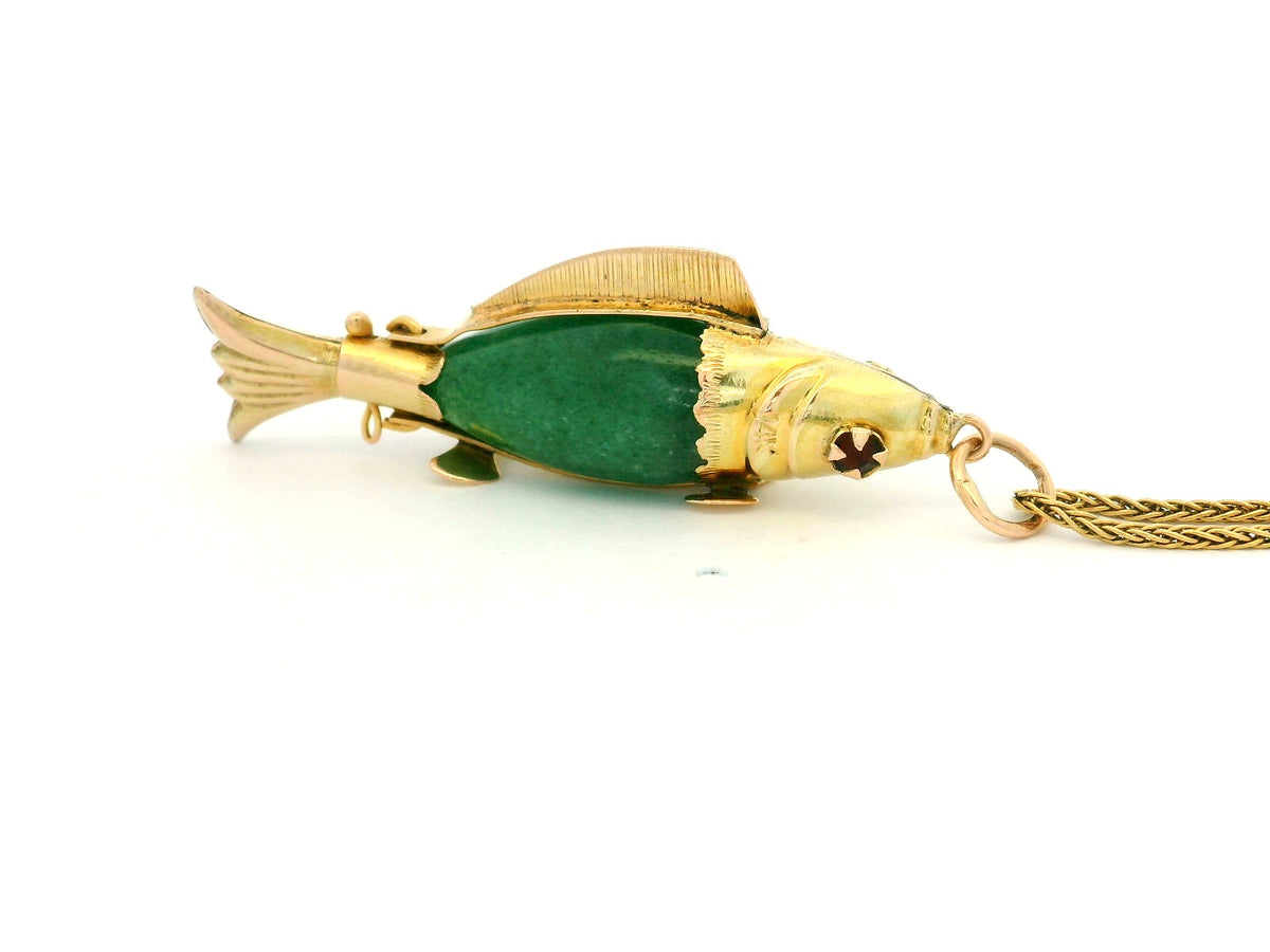 VINTAGE AVENTURINE QUARTZ FISH PENDANT 14CT GOLD