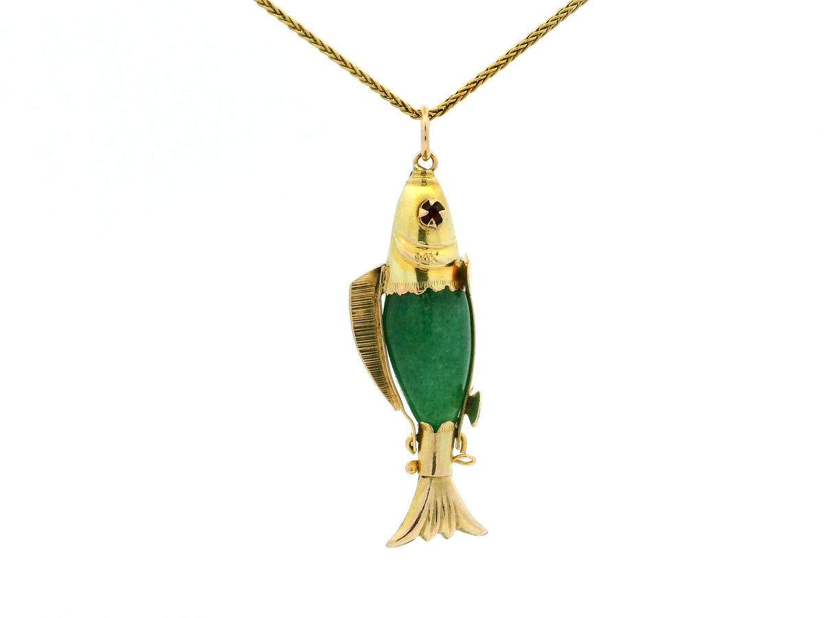 VINTAGE AVENTURINE QUARTZ FISH PENDANT 14CT GOLD