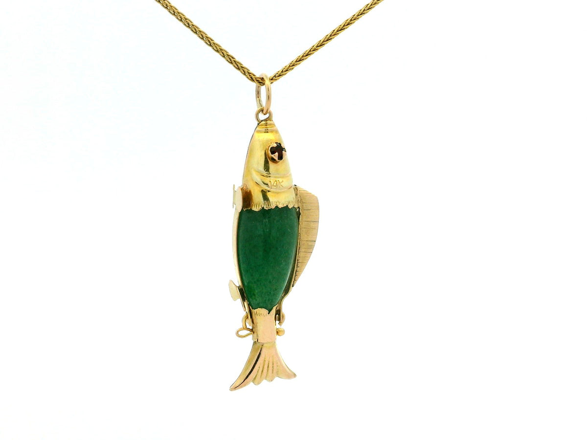 VINTAGE AVENTURINE QUARTZ FISH PENDANT 14CT GOLD