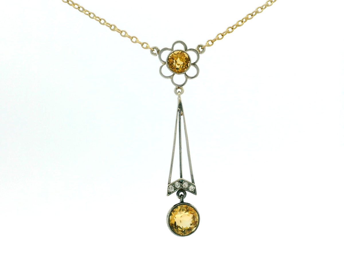 EDWARDIAN CITRINE &amp; DIAMOND LAVALIERE SILVER &amp; 9ct GOLD