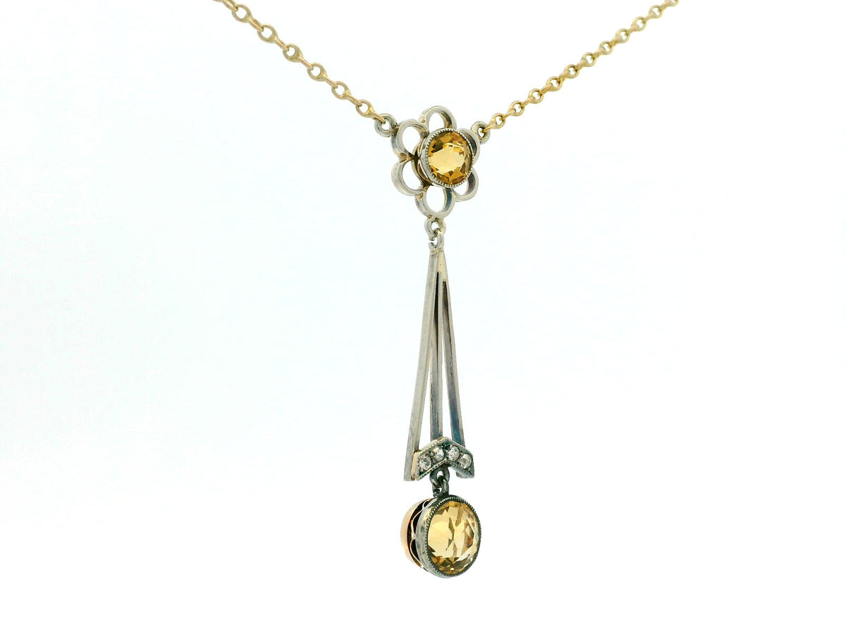 EDWARDIAN CITRINE &amp; DIAMOND LAVALIERE SILVER &amp; 9ct GOLD