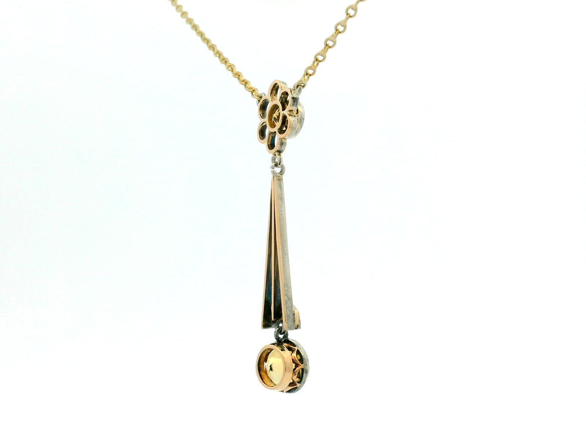 EDWARDIAN CITRINE &amp; DIAMOND LAVALIERE SILVER &amp; 9ct GOLD