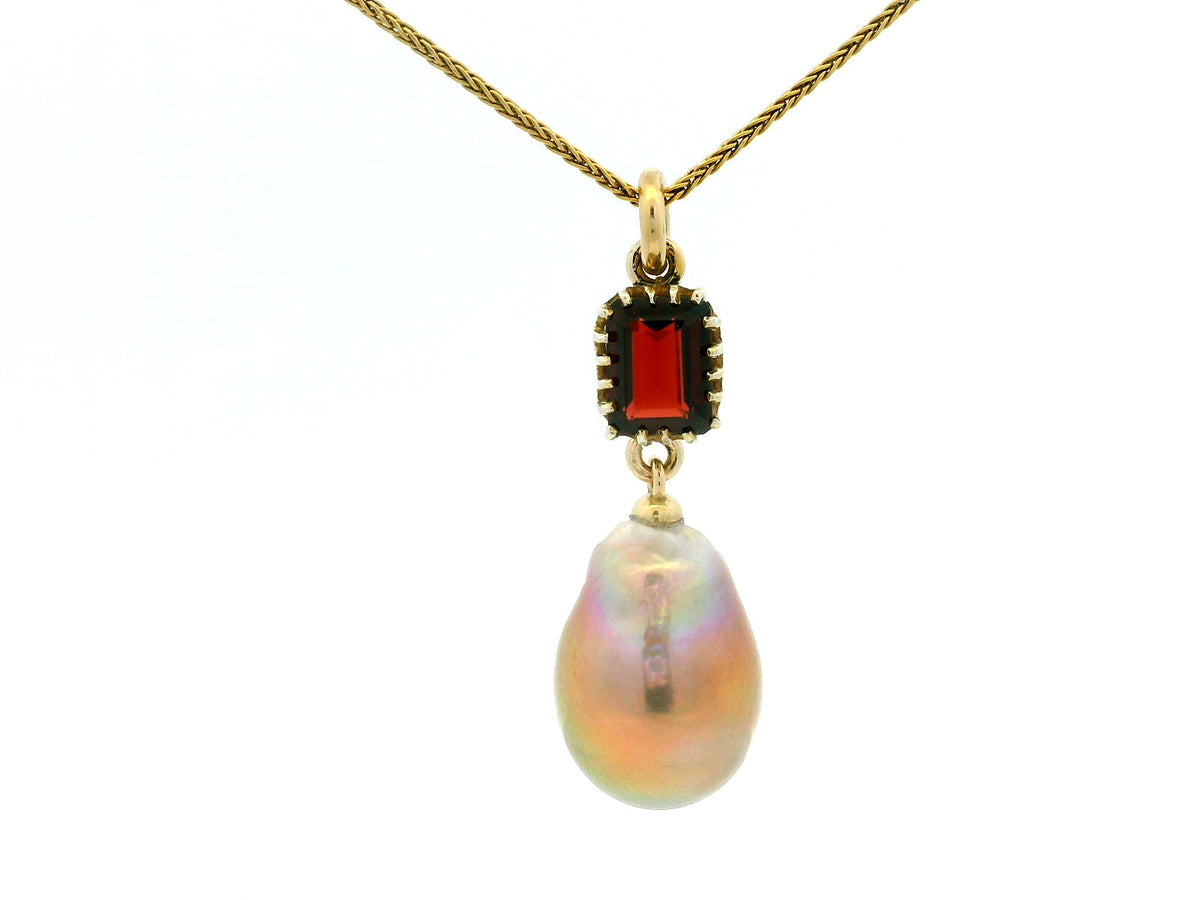 BESPOKE GARNET &amp; BAROQUE PEARL PENDANT  9CT GOLD