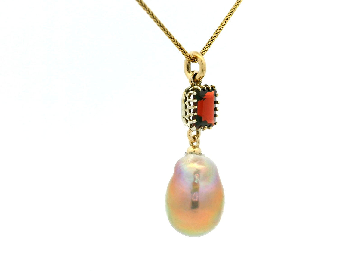 BESPOKE GARNET &amp; BAROQUE PEARL PENDANT  9CT GOLD
