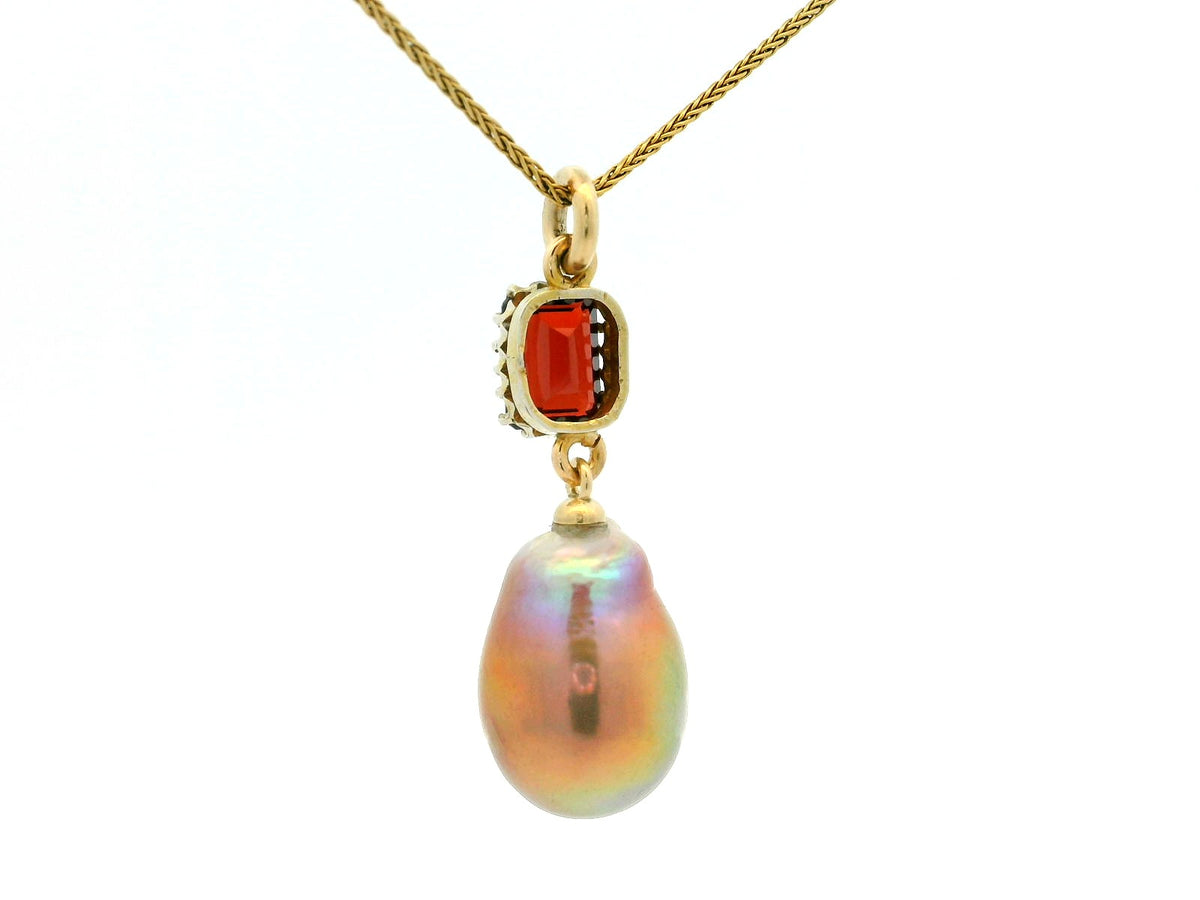 BESPOKE GARNET &amp; BAROQUE PEARL PENDANT  9CT GOLD