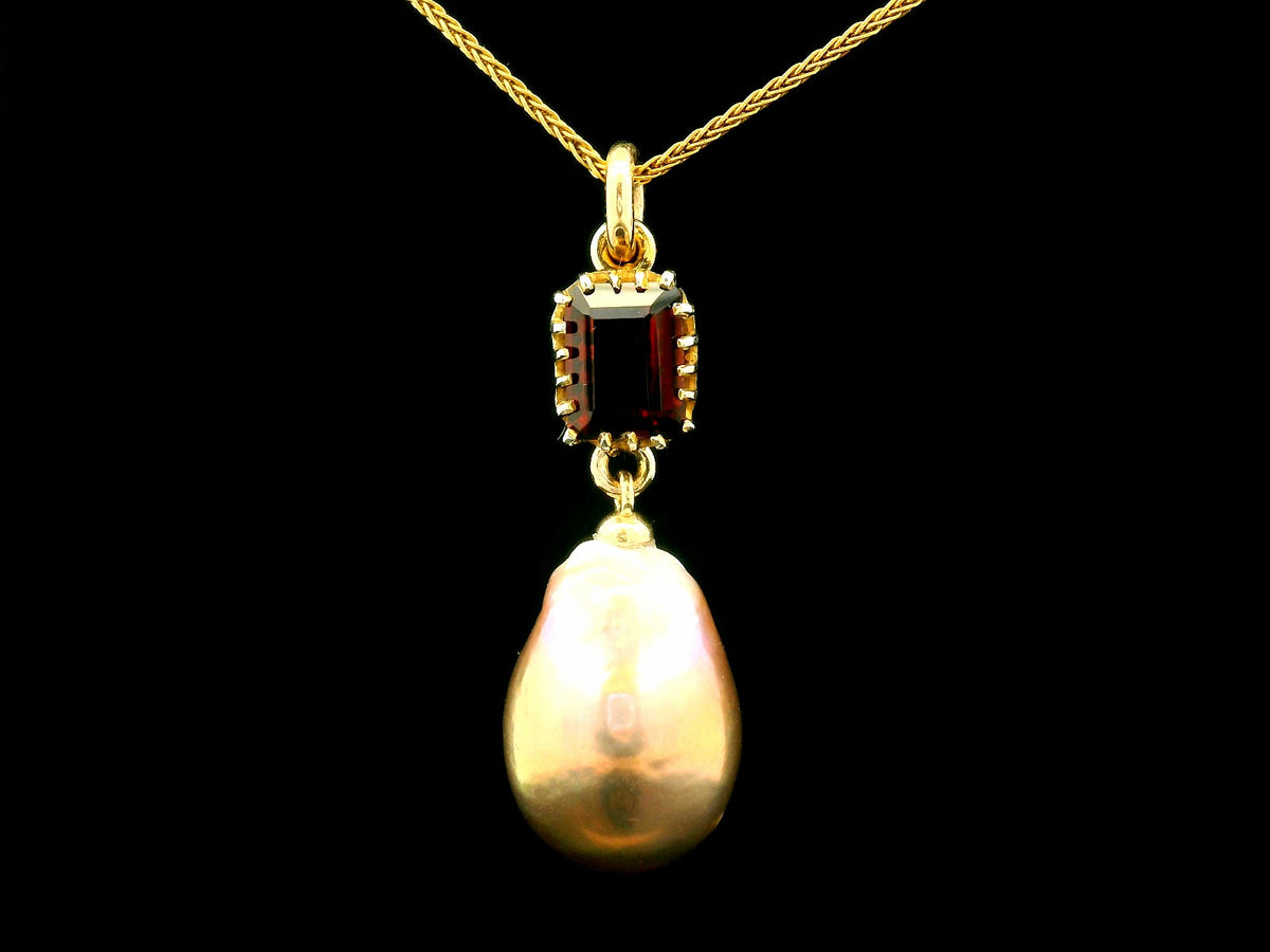 BESPOKE GARNET &amp; BAROQUE PEARL PENDANT  9CT GOLD