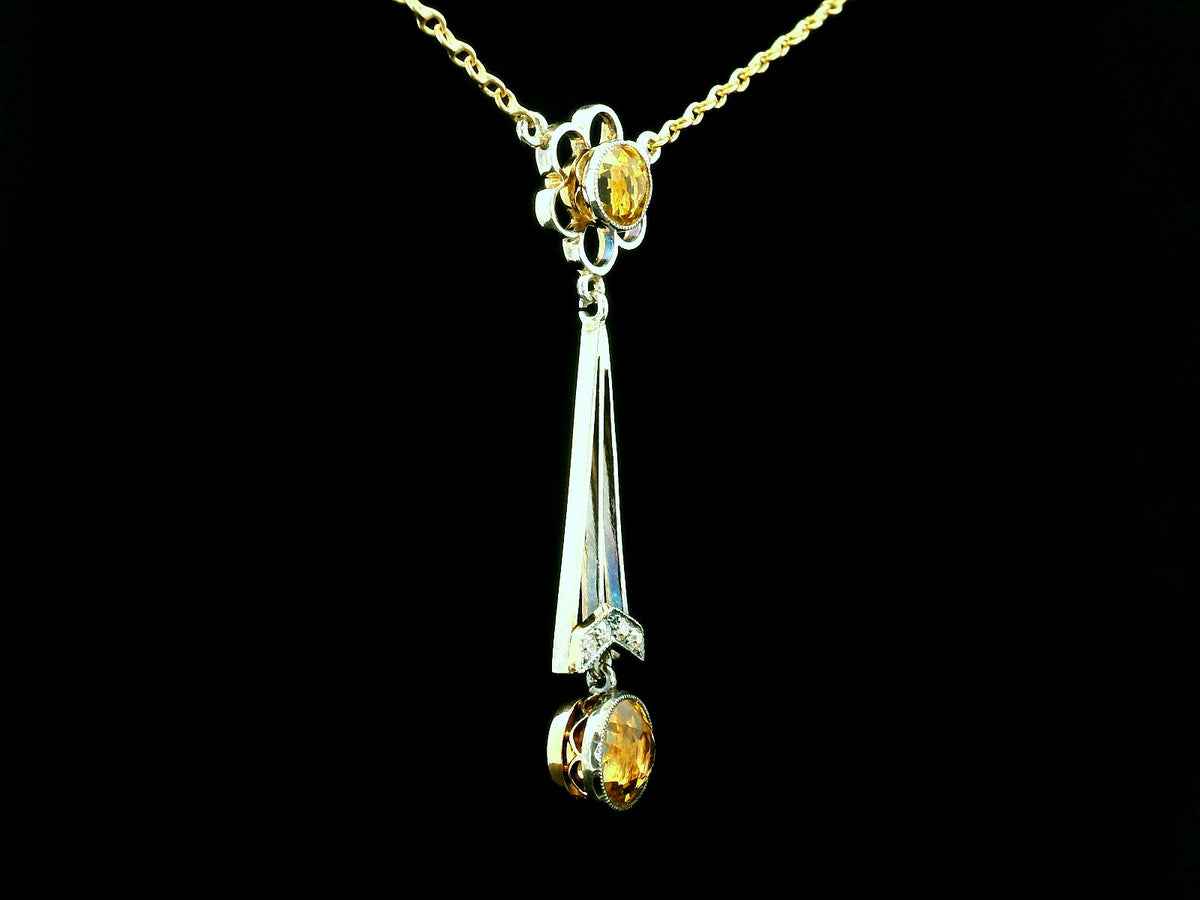 EDWARDIAN CITRINE &amp; DIAMOND LAVALIERE SILVER &amp; 9ct GOLD