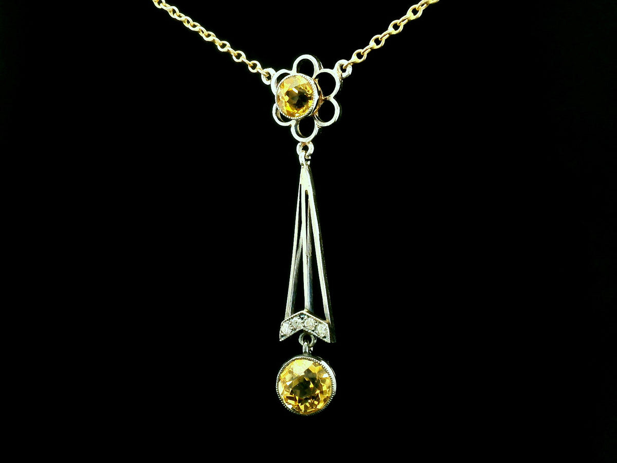 EDWARDIAN CITRINE &amp; DIAMOND LAVALIERE SILVER &amp; 9ct GOLD