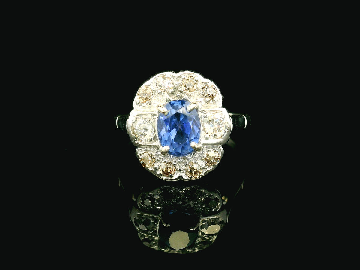ANTIQUE ART DECO CEYLON SAPPHIRE &amp; DIAMOND RING 18ct GOLD