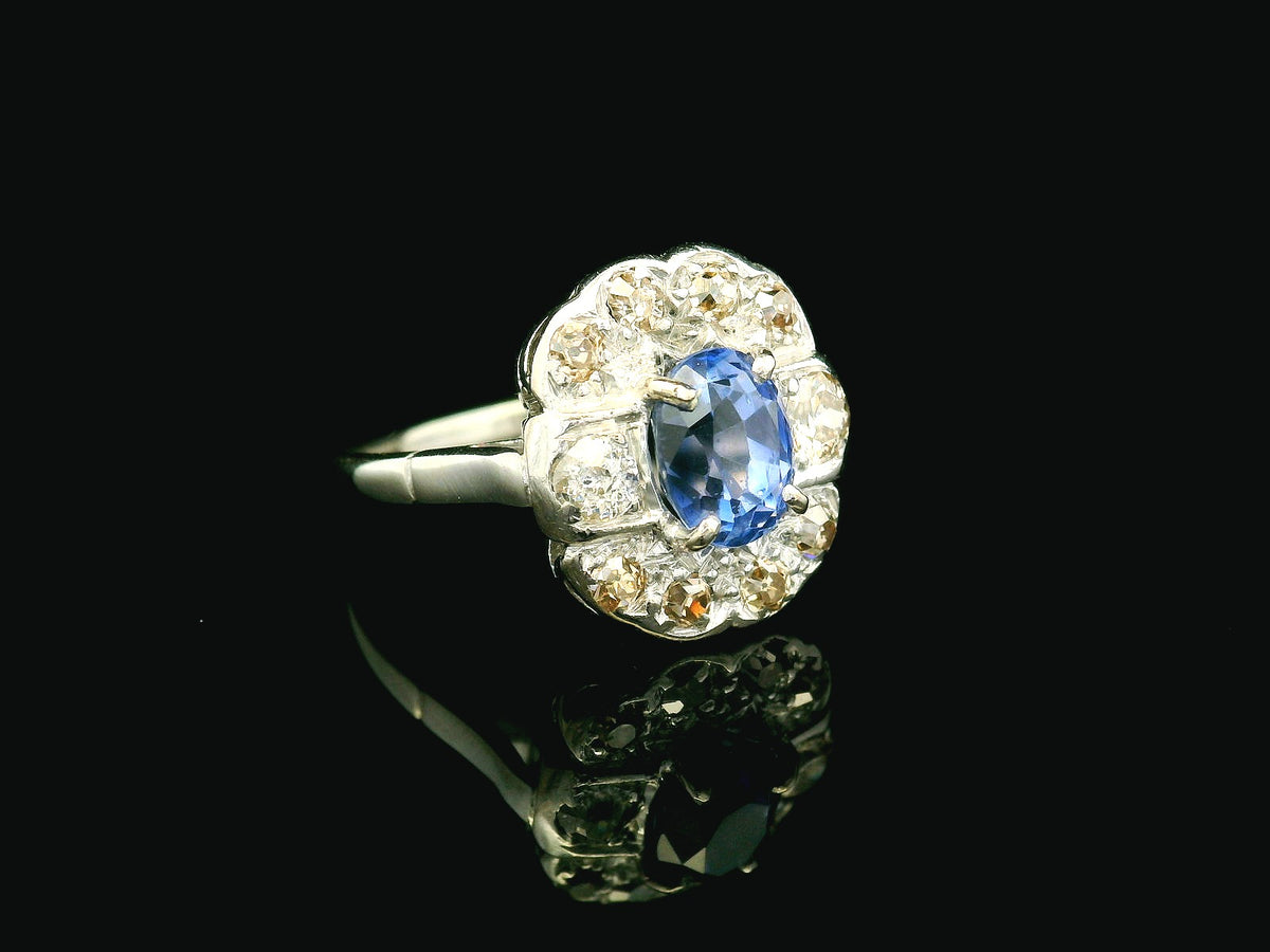 ANTIQUE ART DECO CEYLON SAPPHIRE &amp; DIAMOND RING 18ct GOLD