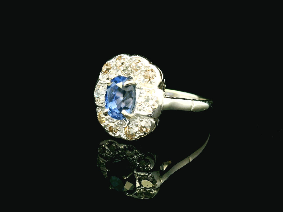 ANTIQUE ART DECO CEYLON SAPPHIRE &amp; DIAMOND RING 18ct GOLD