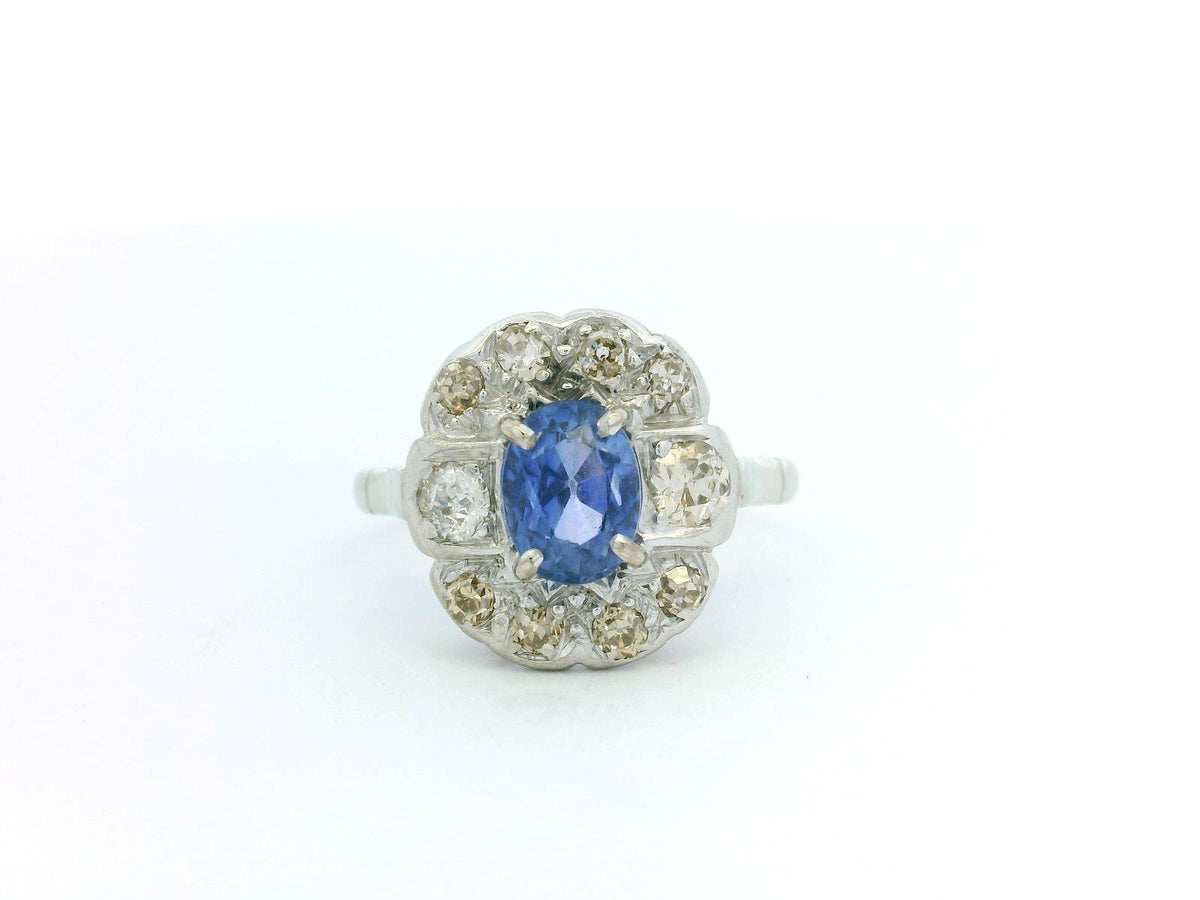 ANTIQUE ART DECO CEYLON SAPPHIRE &amp; DIAMOND RING 18ct GOLD
