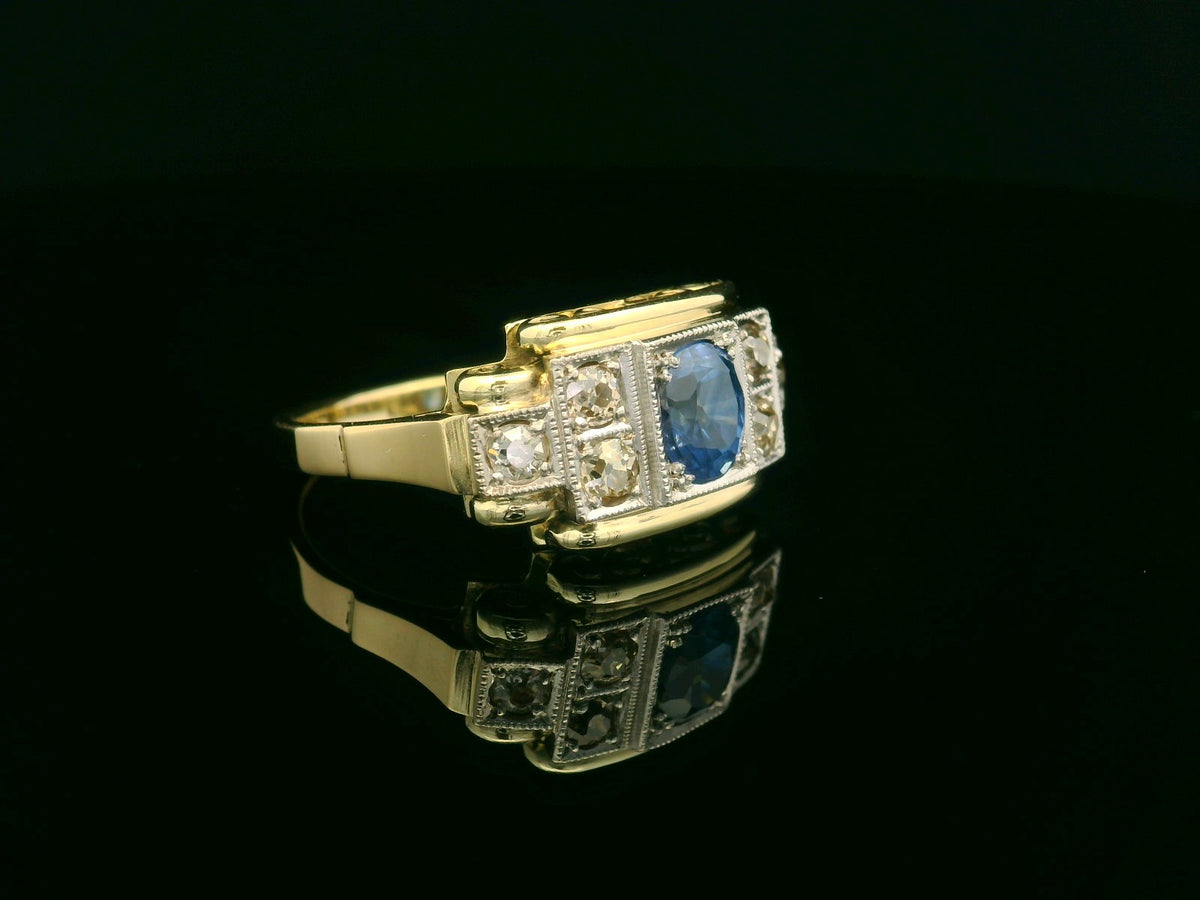 ANTIQUE ART DECO CEYLON SAPPHIRE &amp; DIAMOND RING 14ct GOLD