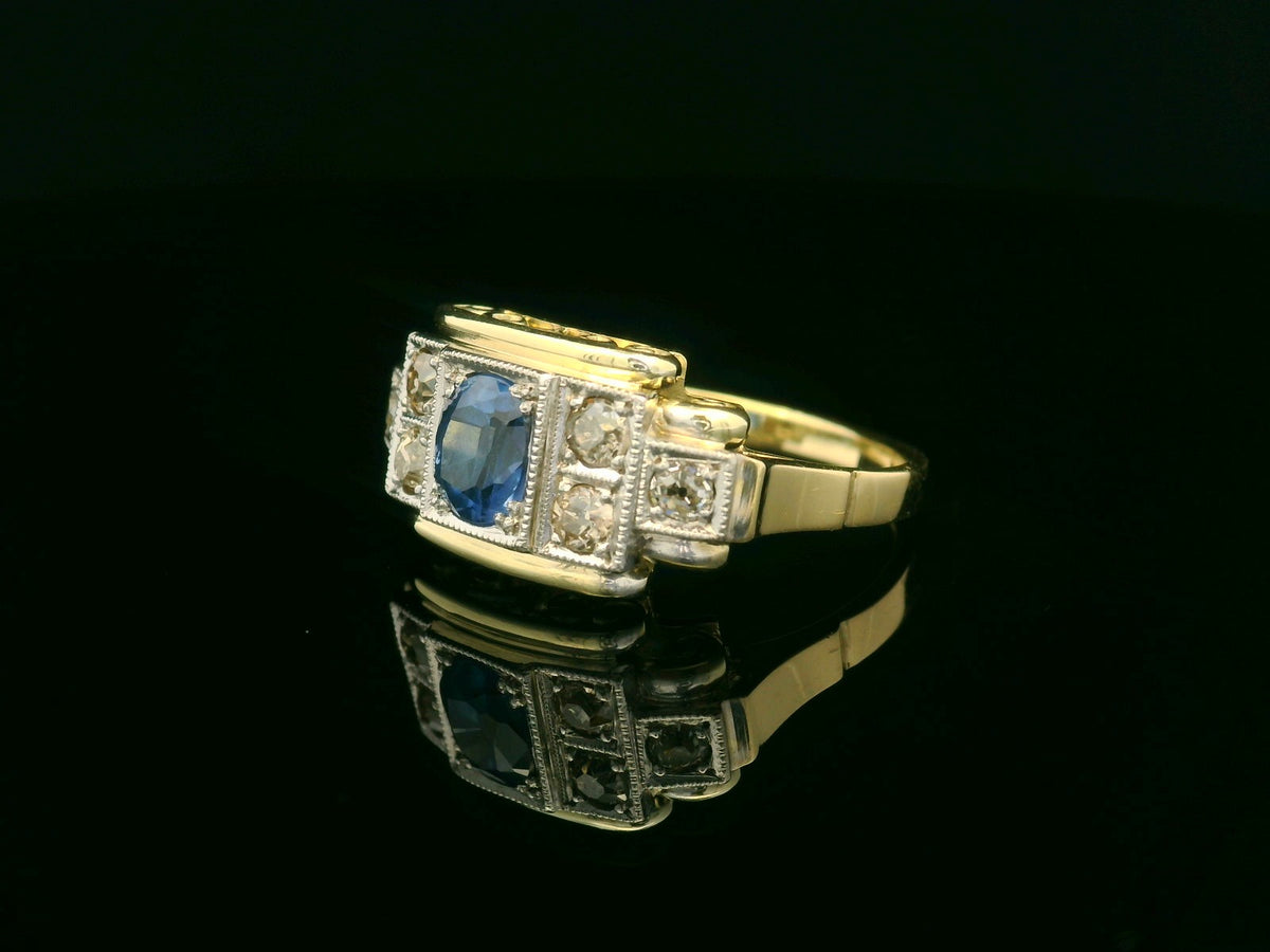 ANTIQUE ART DECO CEYLON SAPPHIRE &amp; DIAMOND RING 14ct GOLD
