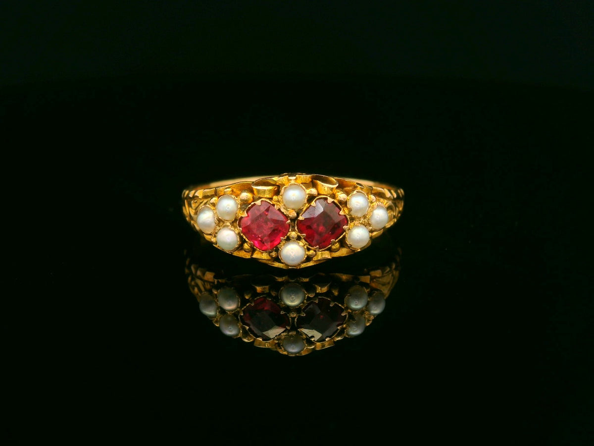 ANTIQUE VICTORIAN 1866 GARNET &amp; PEARL RING 18ct GOLD