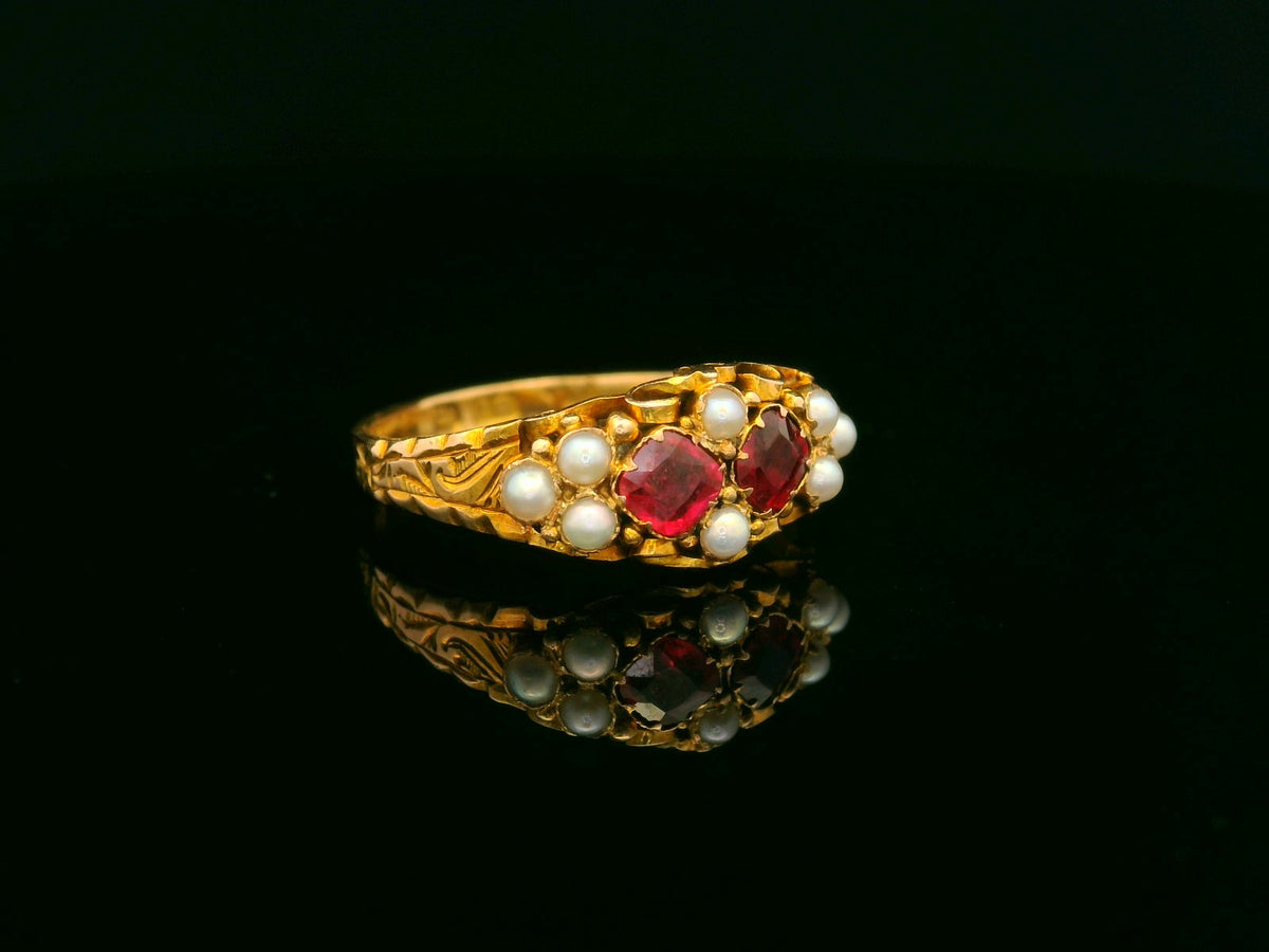 ANTIQUE VICTORIAN 1866 GARNET &amp; PEARL RING 18ct GOLD