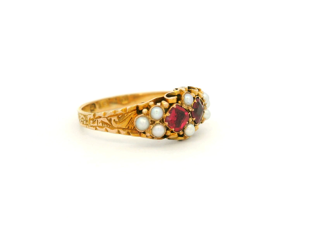 ANTIQUE VICTORIAN 1866 GARNET &amp; PEARL RING 18ct GOLD
