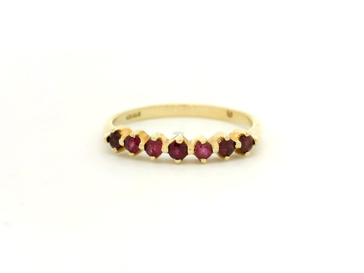 VINTAGE SEVEN STONE RUBY HALF HOOP 14CT YELLOW GOLD