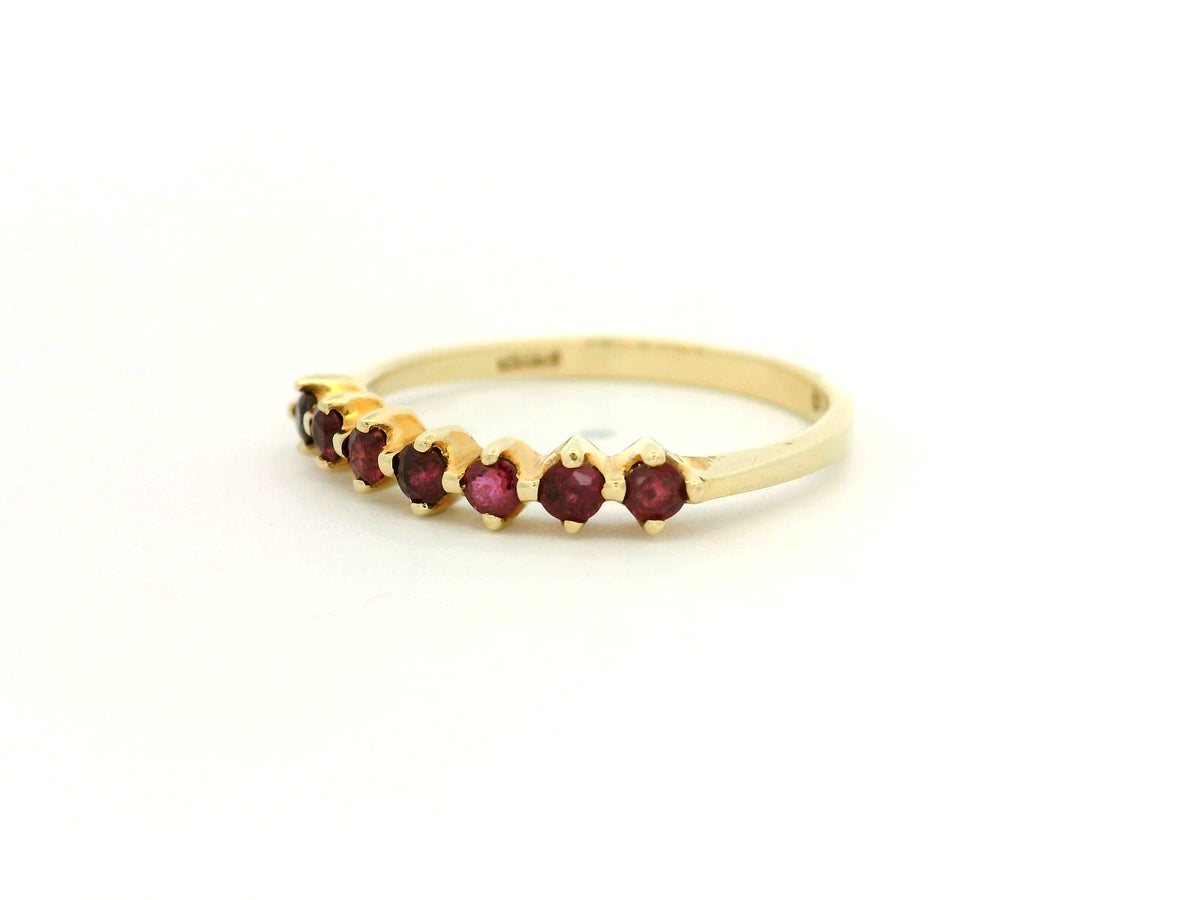 VINTAGE SEVEN STONE RUBY HALF HOOP 14CT YELLOW GOLD