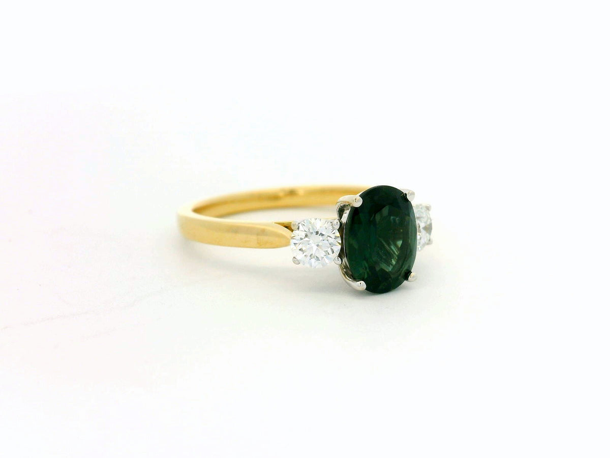 VINTAGE TEAL SAPPHIRE &amp; DIAMOND TRILOGY RING 18ct GOLD