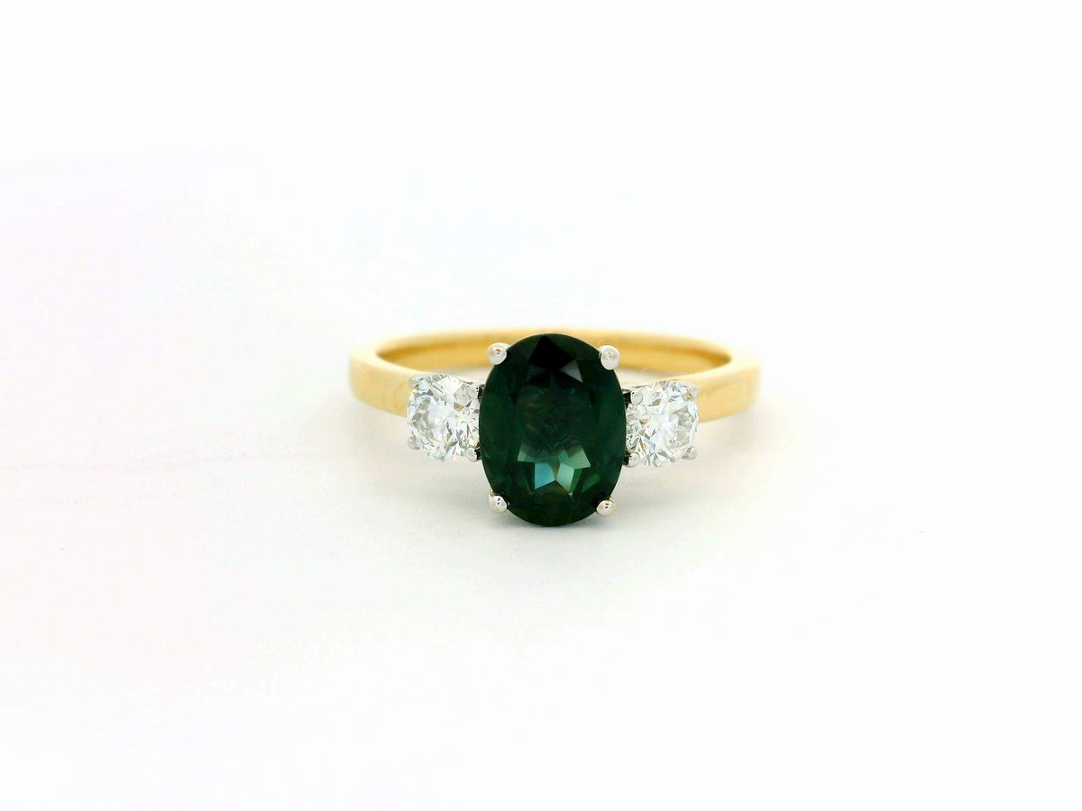 VINTAGE TEAL SAPPHIRE &amp; DIAMOND TRILOGY RING 18ct GOLD