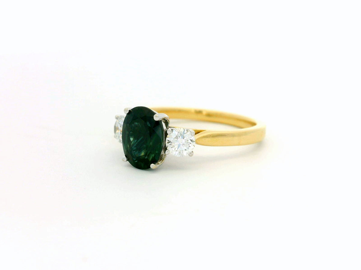 VINTAGE TEAL SAPPHIRE &amp; DIAMOND TRILOGY RING 18ct GOLD