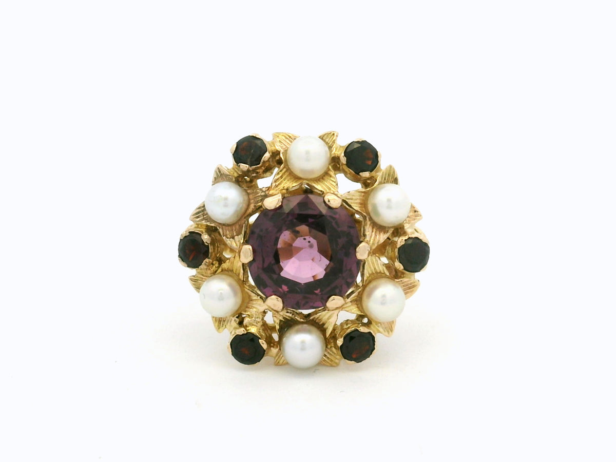 MID CENTURY c1960 TOURMALINE GARNET &amp; SEED PEARL RING 9ct GOLD