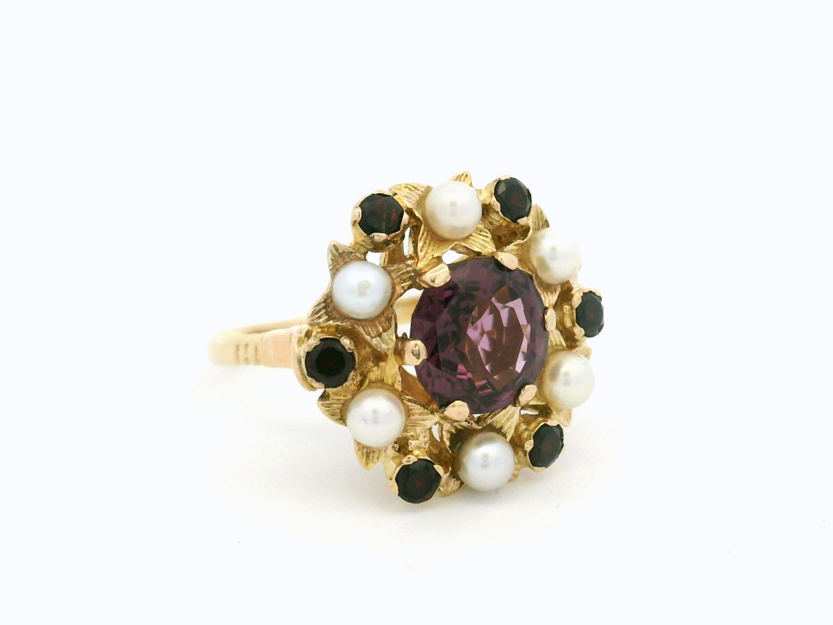 MID CENTURY c1960 TOURMALINE GARNET &amp; SEED PEARL RING 9ct GOLD