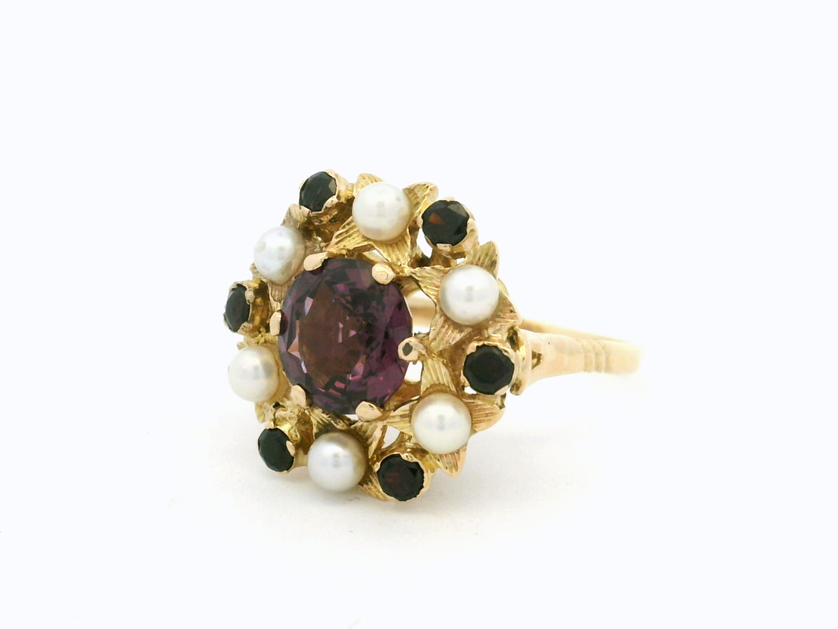 MID CENTURY c1960 TOURMALINE GARNET &amp; SEED PEARL RING 9ct GOLD