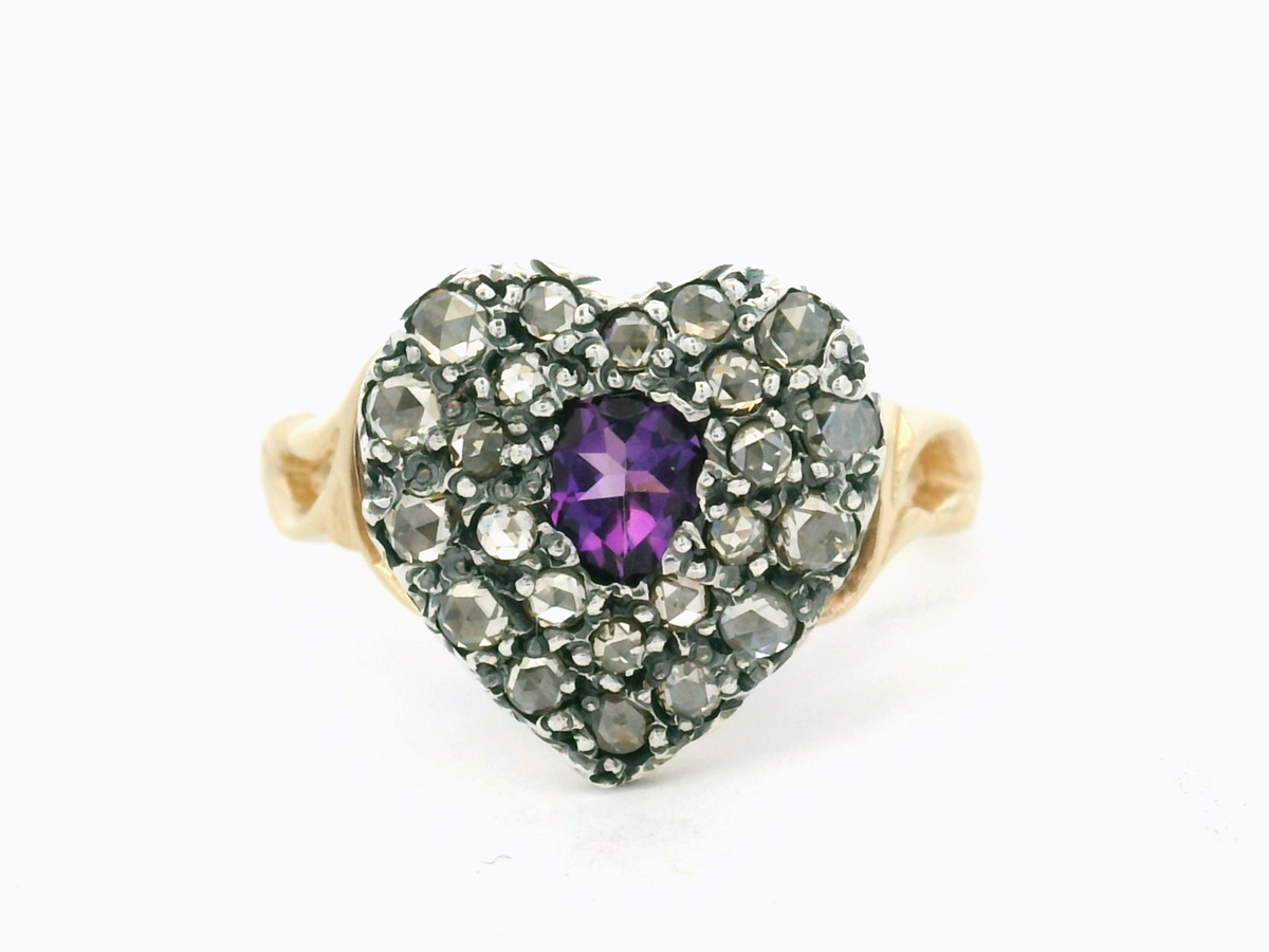 ANTIQUE STYLE AMETHYST &amp; DIAMOND RING 9ct GOLD