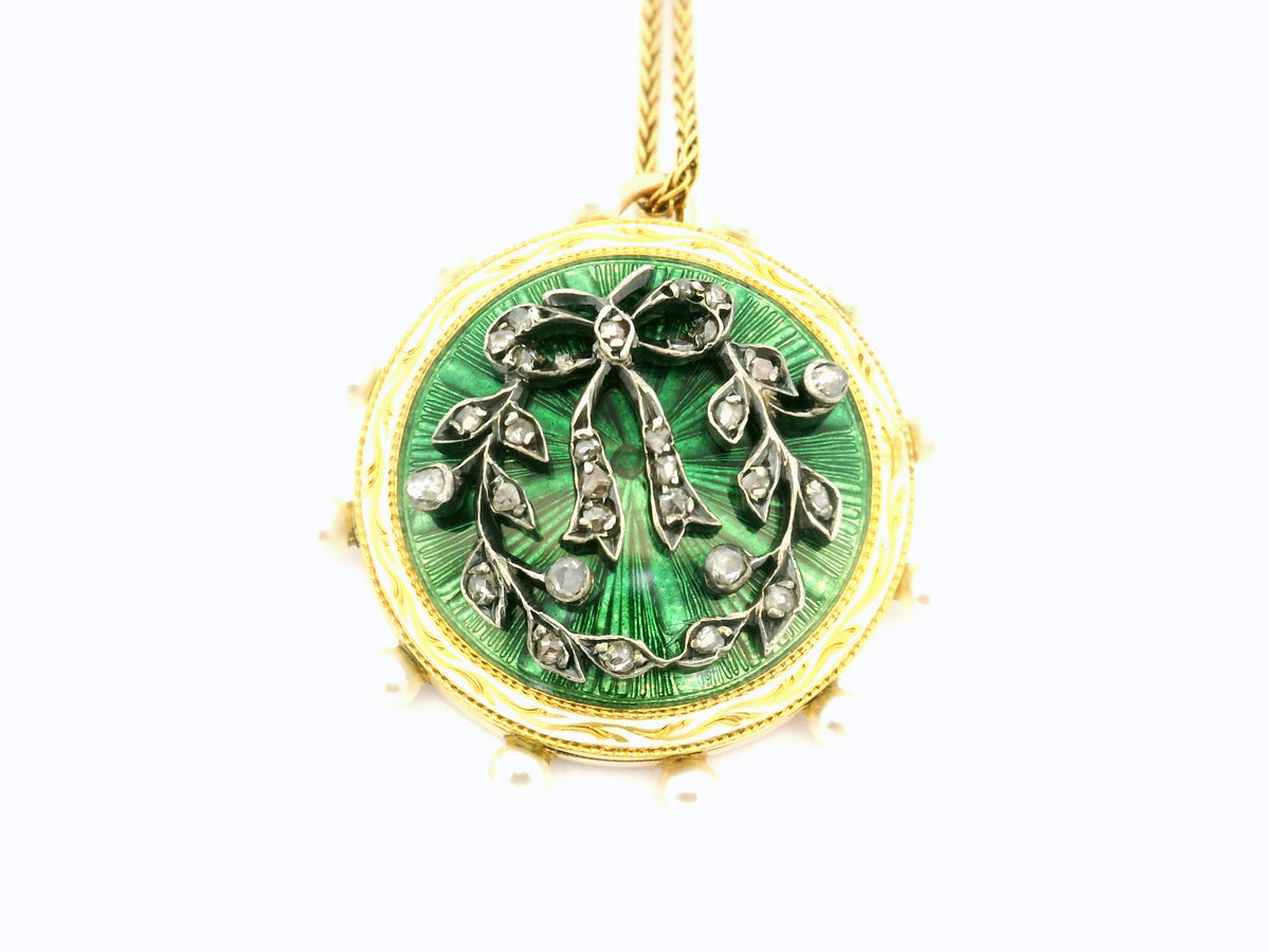 ANTIQUE GEORGIAN ENAMEL DIAMOND &amp; SEED PEARL PENDANT 18ct GOLD