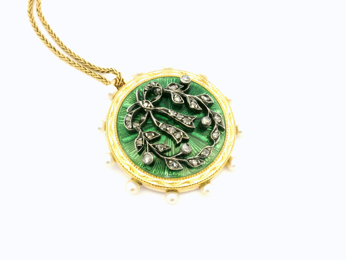 ANTIQUE GEORGIAN ENAMEL DIAMOND &amp; SEED PEARL PENDANT 18ct GOLD