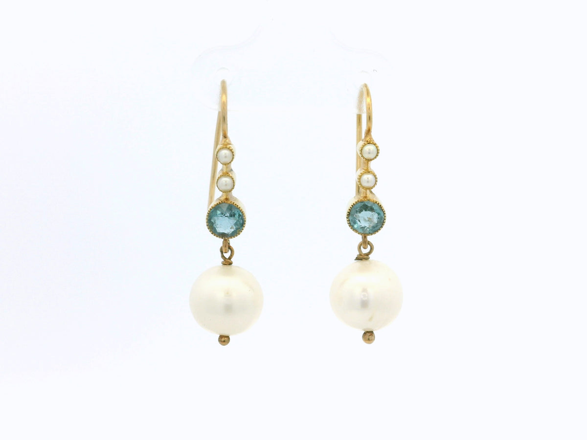 VINTAGE ESTATE TOPAZ & PEARL EARRINGS 14ct GOLD