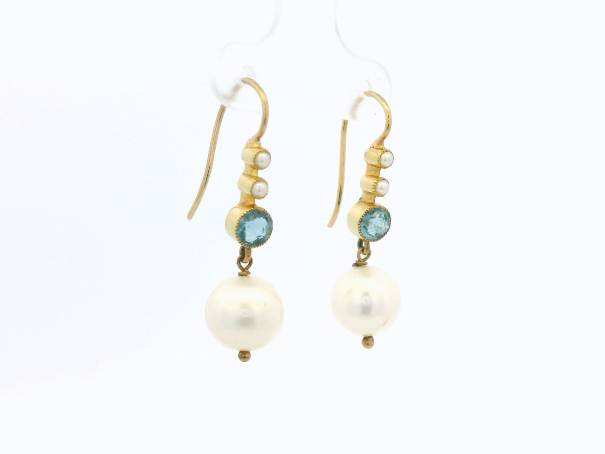 VINTAGE ESTATE TOPAZ & PEARL EARRINGS 14ct GOLD