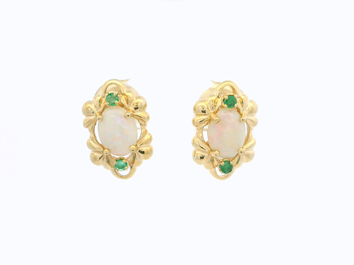 RETRO SOLID OPAL &amp; EMERALD EARRINGS 14ct GOLD
