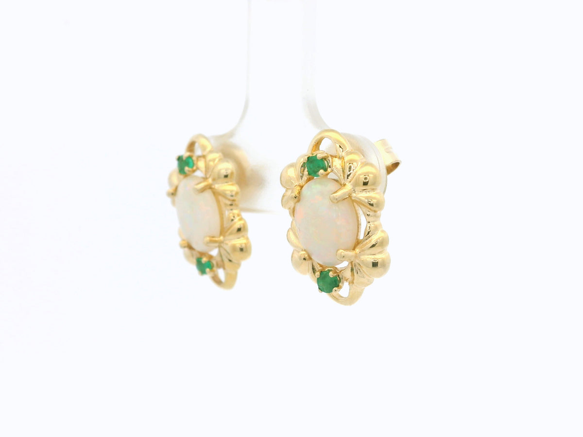 RETRO SOLID OPAL &amp; EMERALD EARRINGS 14ct GOLD