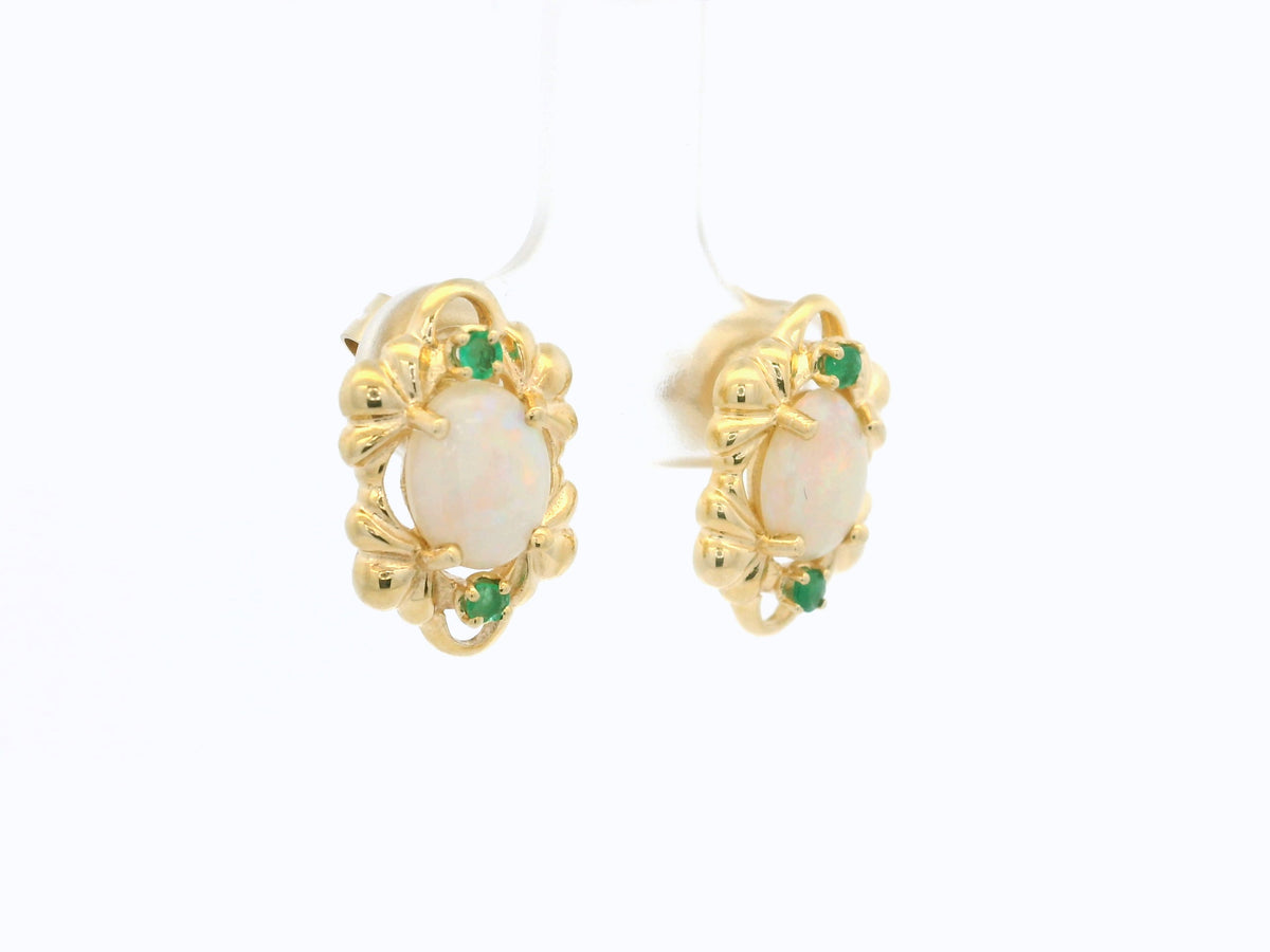 RETRO SOLID OPAL &amp; EMERALD EARRINGS 14ct GOLD