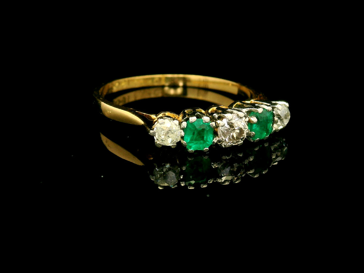 ANTIQUE EDWARDIAN c1910 FIVE STONE EMERALD & DIAMOND RING 18ct GOLD & PLATINUM