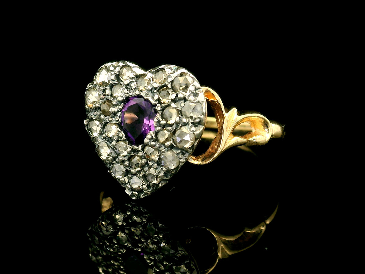 ANTIQUE STYLE AMETHYST &amp; DIAMOND RING 9ct GOLD